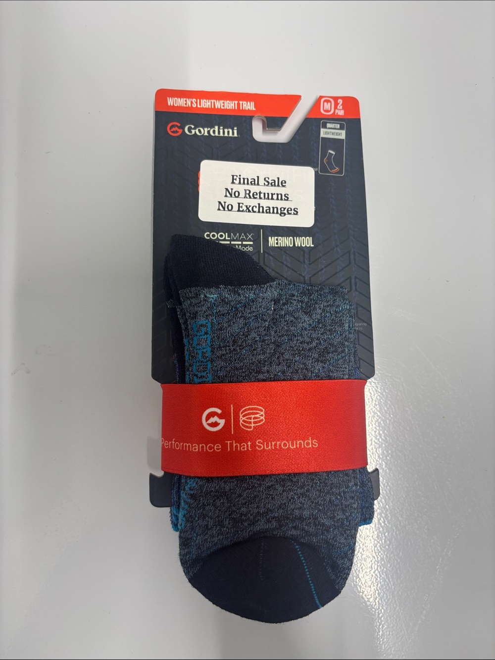 Gordini Women's 2 pair pack lightweight quarter sock blue black size medium NWT